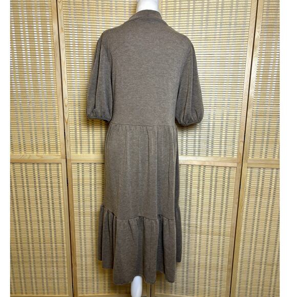 Zara Knit Mock Neck Tiered Peasant Style Brown Puff Sleeve Midi Dress Size Large - Picture 4 of 7